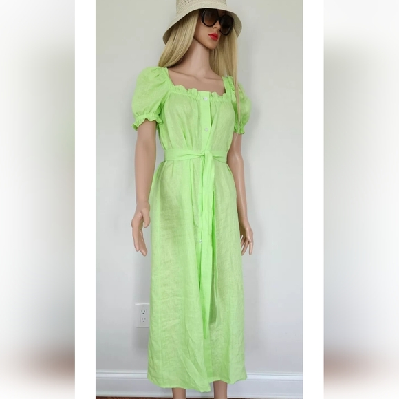 SLEEPER DRESS BRIGETTE GREEN LINEN BELT PUFF SLEEVES MIDI  SMALL - Picture 1 of 16